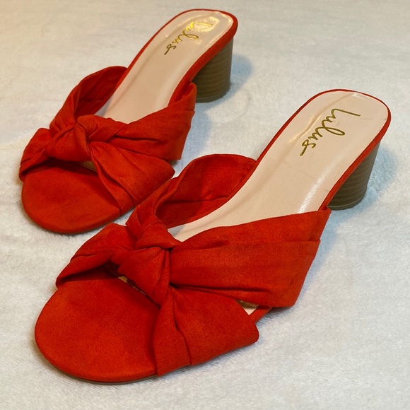 Lulus Shoes - Lulu’s Luca Red/Orange Suede Mules EUC size 7